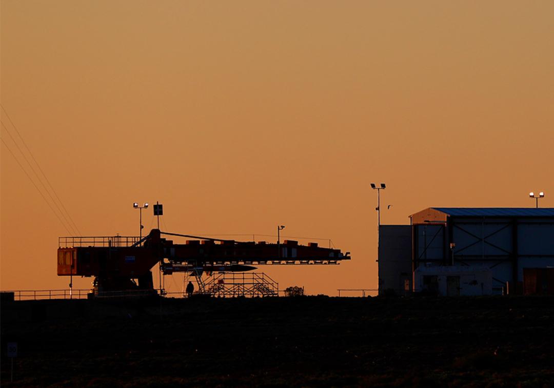 The silhouette of the test rocket mounted to the launcher for the HIFiRE4 hypersonic test.