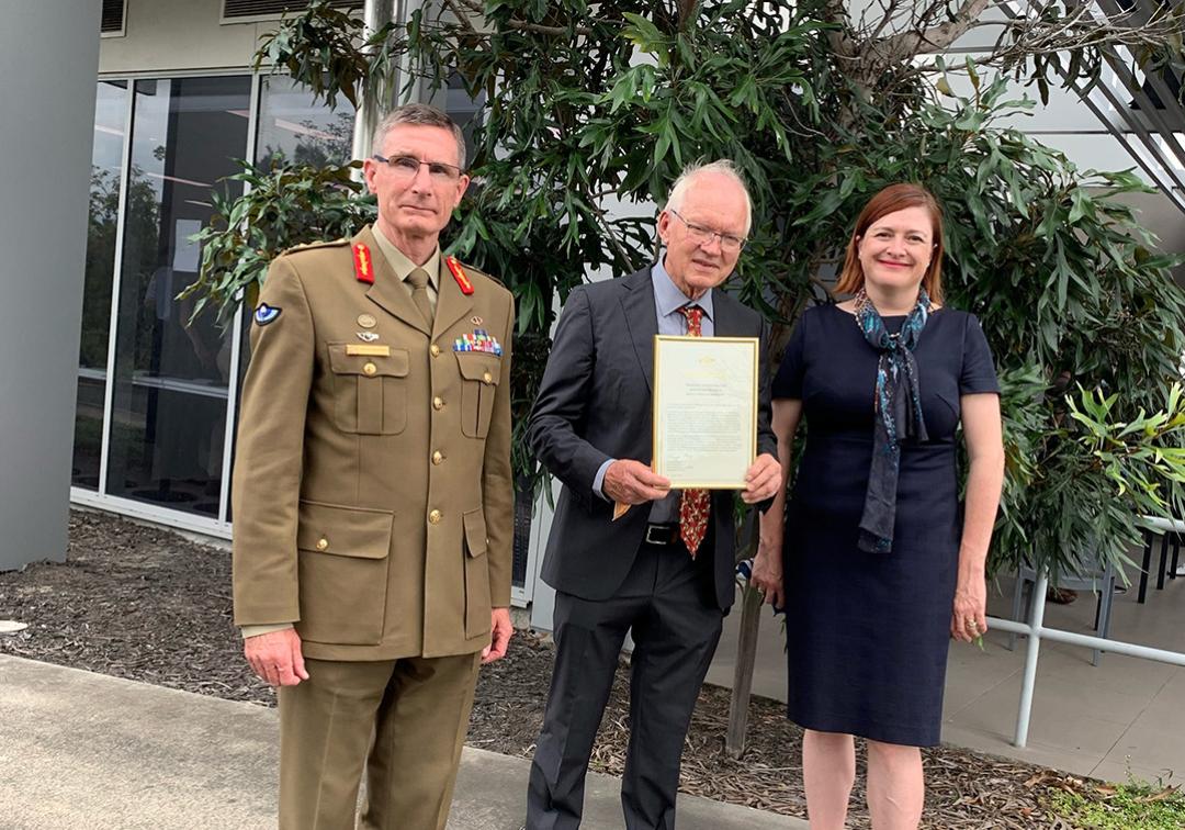 Defence Force Chief General Angus Campbell, Chief Defence Scientist Professor Tanya Monro and Professor Richard Morgan pictured with his award.