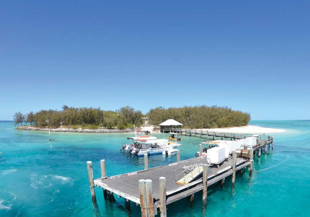 Extreme long shot of Heron Island research station, showing a boat moored off a long jetty in the Great Barrier Reef.