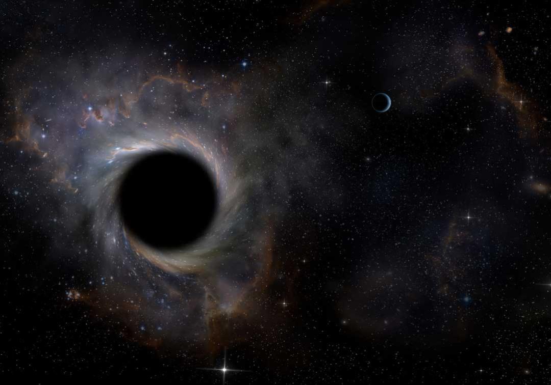 A black hole swirls in the middle of space, surrounded by stars, planets and galaxies