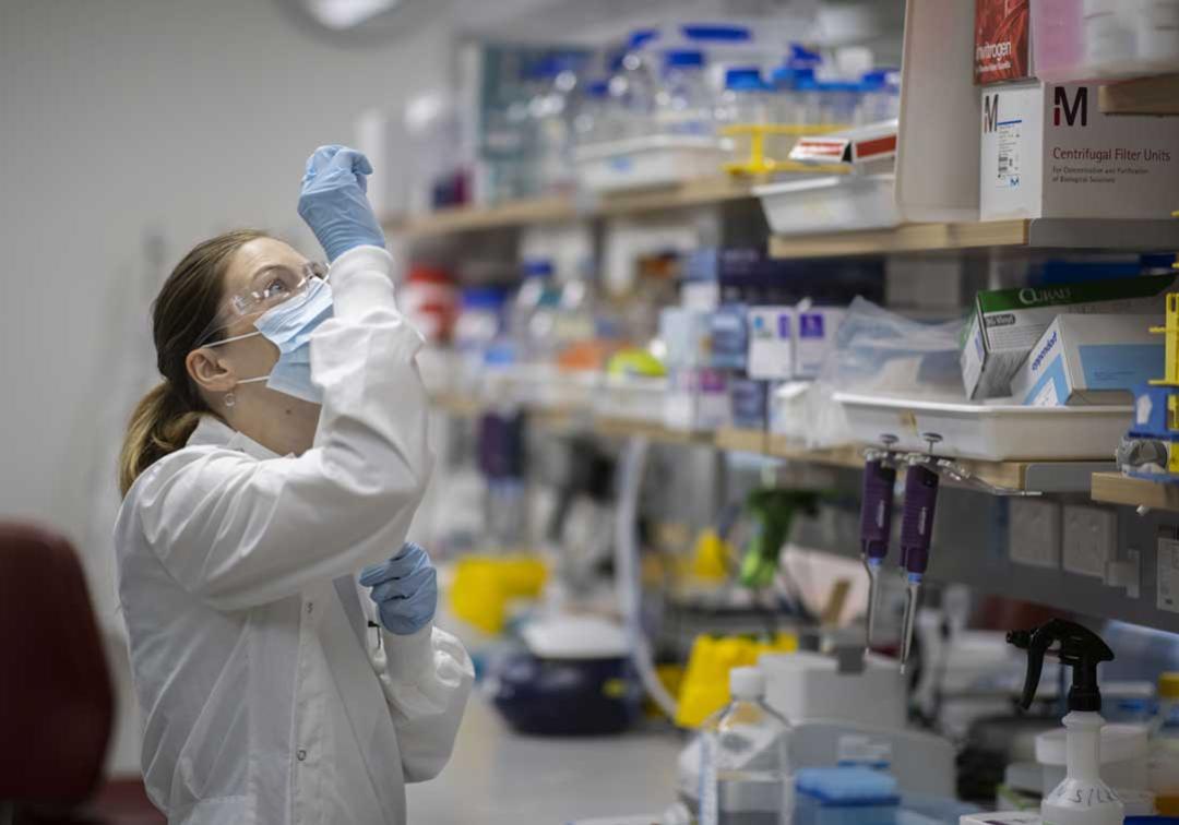 A UQ expert in a lab investigates a vaccine sample in front of a series of tubes and specimen jars.