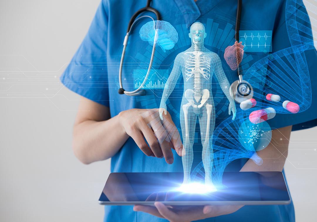A person wearing scrubs and a stethoscope holds an iPad. A graphic of a human skeletal system sits above the screen.