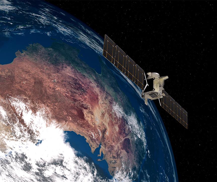 Graphic of a satellite orbiting Earth, with Australia visible in the background.
