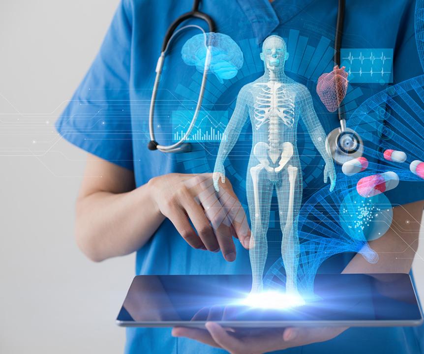 A person wearing scrubs and a stethoscope holds an iPad. A graphic of a human skeletal system sits above the screen.
