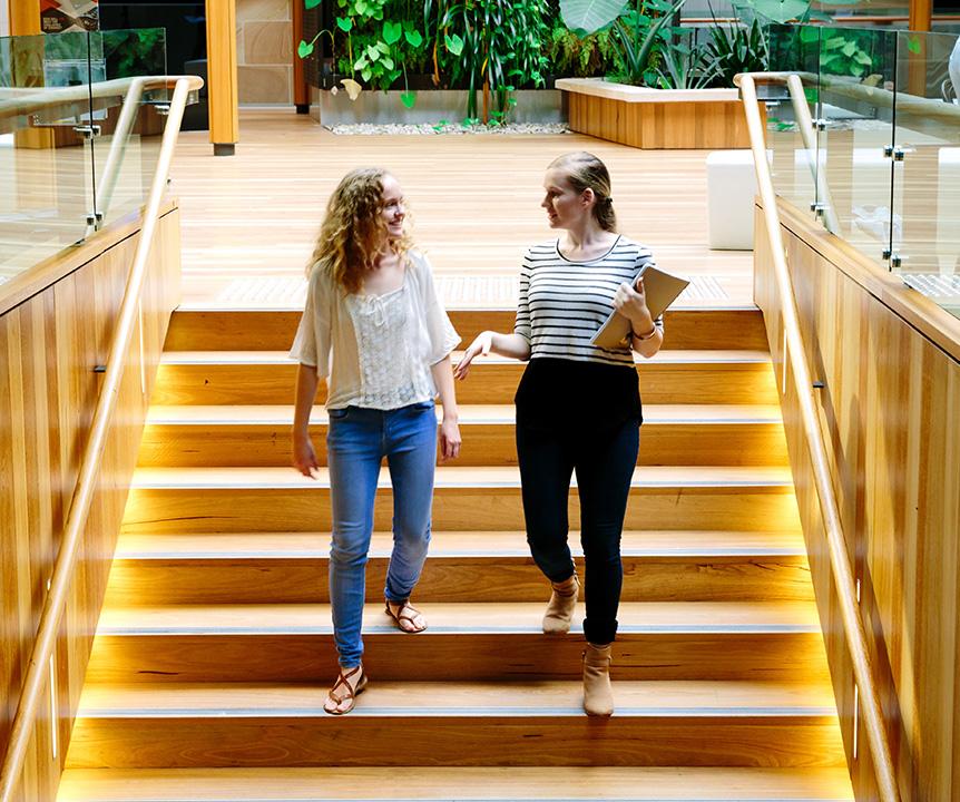 Two people chatting as the walk down a staircase.