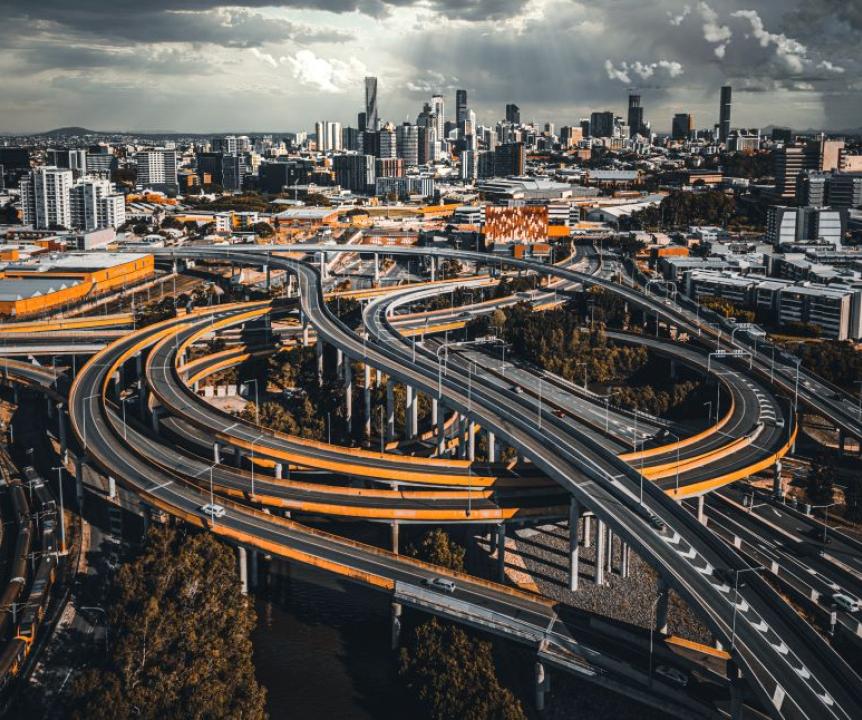 Bird's eye view of a city and highway system