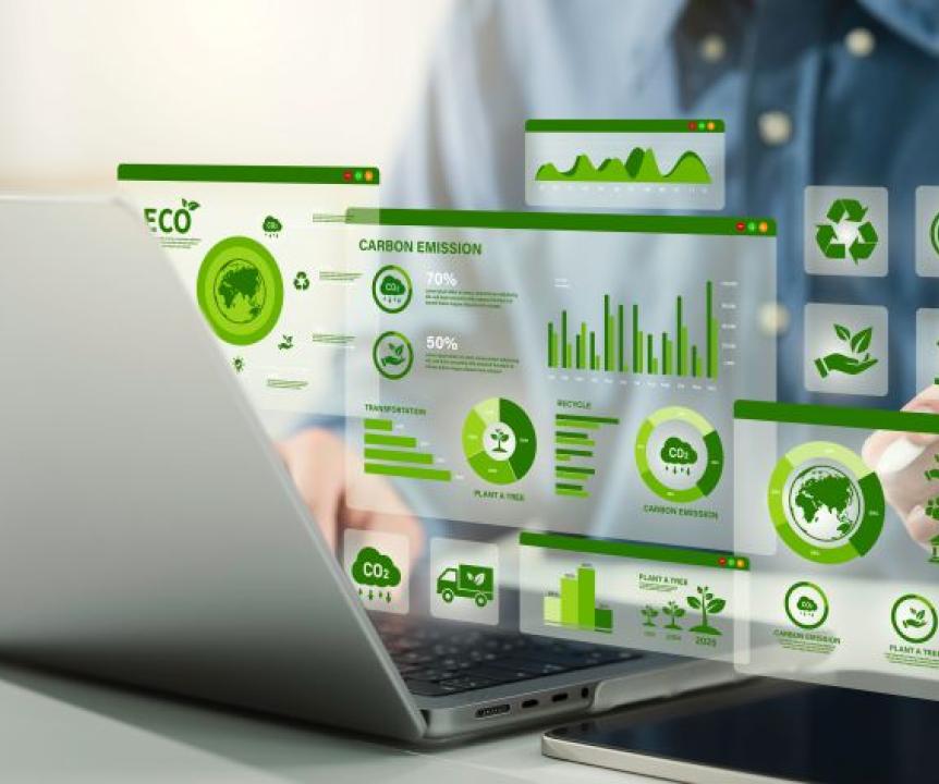 businessman uses laptop to produce 3D environmental data visualisations
