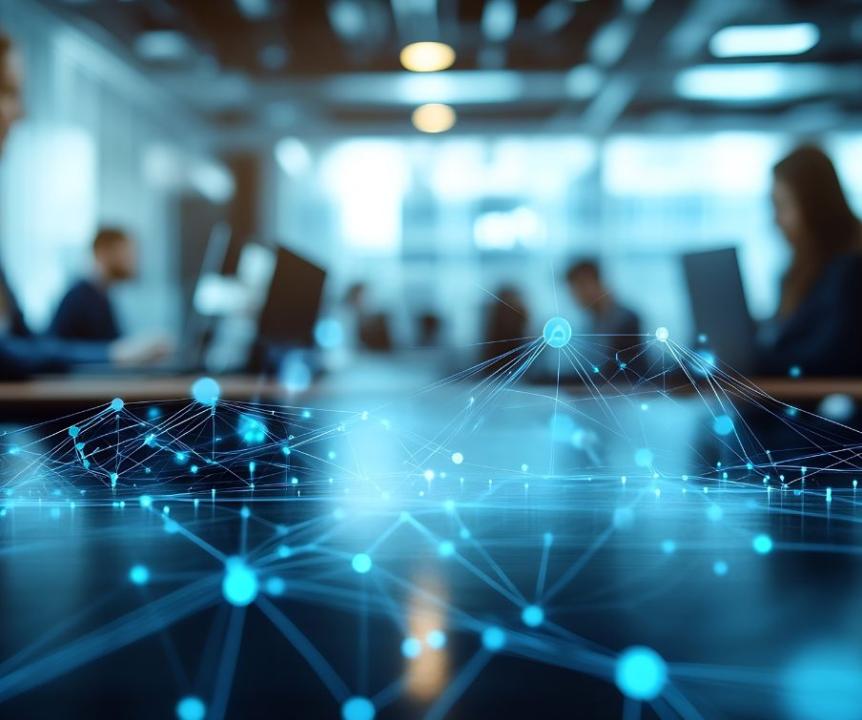 Neural network visualisation in foreground with people working at computers in blurred background