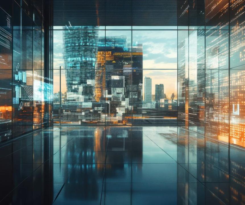 Empty rom with glass walls displaying server lights and window out to night cityscape