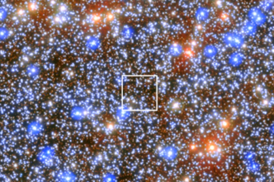 A new coloured ESA/Hubble image of Omega Centauri showing location of black hole.